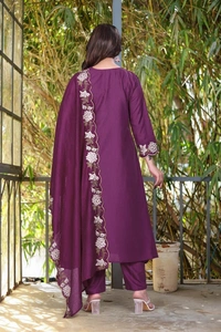 DESIHOOR Women’s Embroidered Kurta Set with Dupatta | Purple Rayon Slub | Festive & Party Wear - Cherry Pie, M