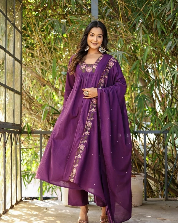 DESIHOOR Women’s Embroidered Kurta Set with Dupatta | Purple Rayon Slub | Festive & Party Wear - Cherry Pie, M
