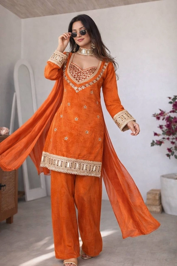 DESI HOOR Women’s Orange Embroidered Kurta Palazzo Set with Dupatta | Festive Ethnic Wear for Women - West Side, M