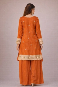 DESI HOOR Women’s Orange Embroidered Kurta Palazzo Set with Dupatta | Festive Ethnic Wear for Women - West Side, M