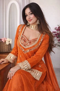 DESI HOOR Women’s Orange Embroidered Kurta Palazzo Set with Dupatta | Festive Ethnic Wear for Women - West Side, M