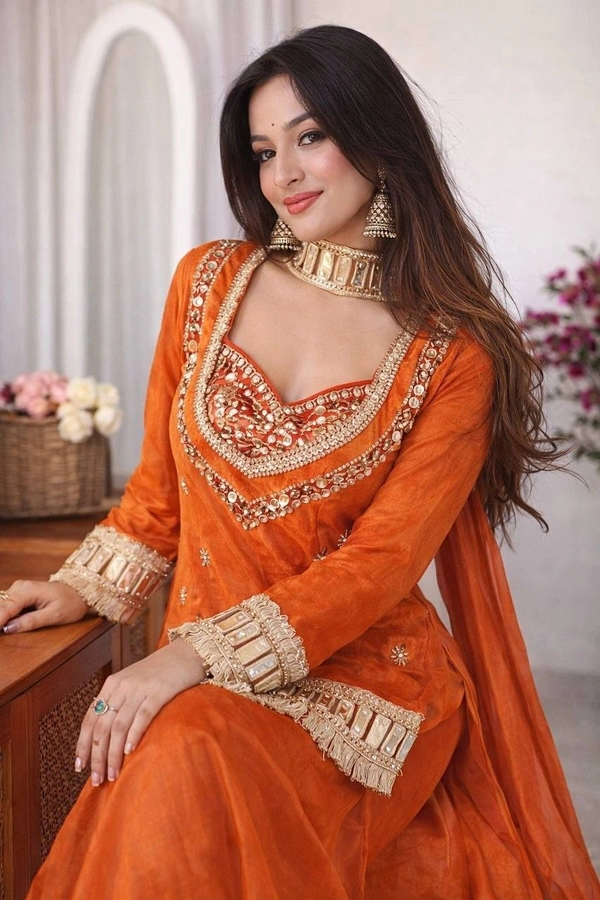 DESI HOOR Women’s Orange Embroidered Kurta Palazzo Set with Dupatta | Festive Ethnic Wear for Women - West Side, M