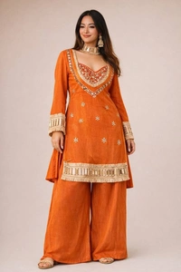 DESI HOOR Women’s Orange Embroidered Kurta Palazzo Set with Dupatta | Festive Ethnic Wear for Women - West Side, M