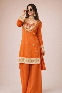 DESI HOOR Women’s Orange Embroidered Kurta Palazzo Set with Dupatta | Festive Ethnic Wear for Women - West Side, M