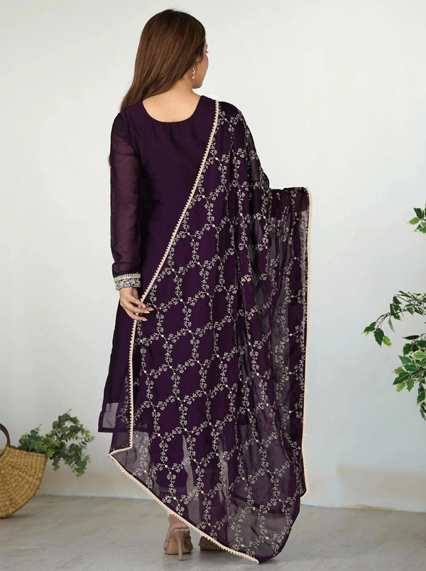 DESIHOOR Women Embroidered Wine Kurta Pant Dupatta Set | Ethnic Festive Wear Suit Set for Women - Valentino, M
