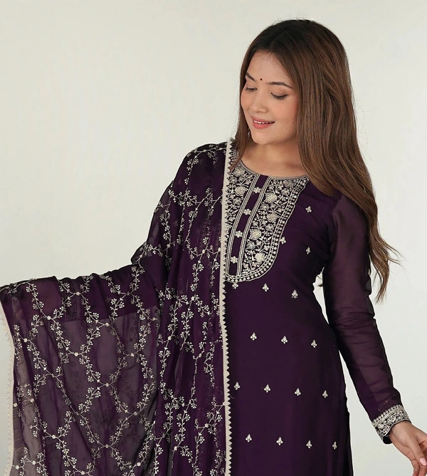 DESIHOOR Women Embroidered Wine Kurta Pant Dupatta Set | Ethnic Festive Wear Suit Set for Women - Valentino, L