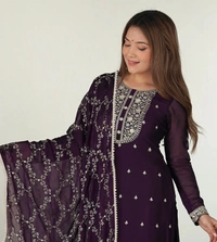 DESIHOOR Women Embroidered Wine Kurta Pant Dupatta Set | Ethnic Festive Wear Suit Set for Women - Valentino, M