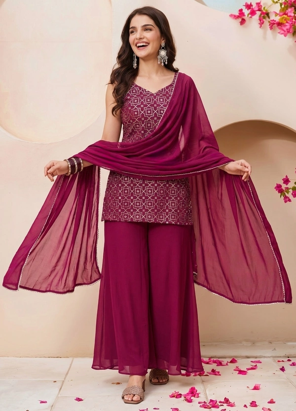 DESI HOOR Women Embroidered Kurta Palazzo Set with Dupatta | Designer Ethnic Suit Set for Women - Thunderbird, XL
