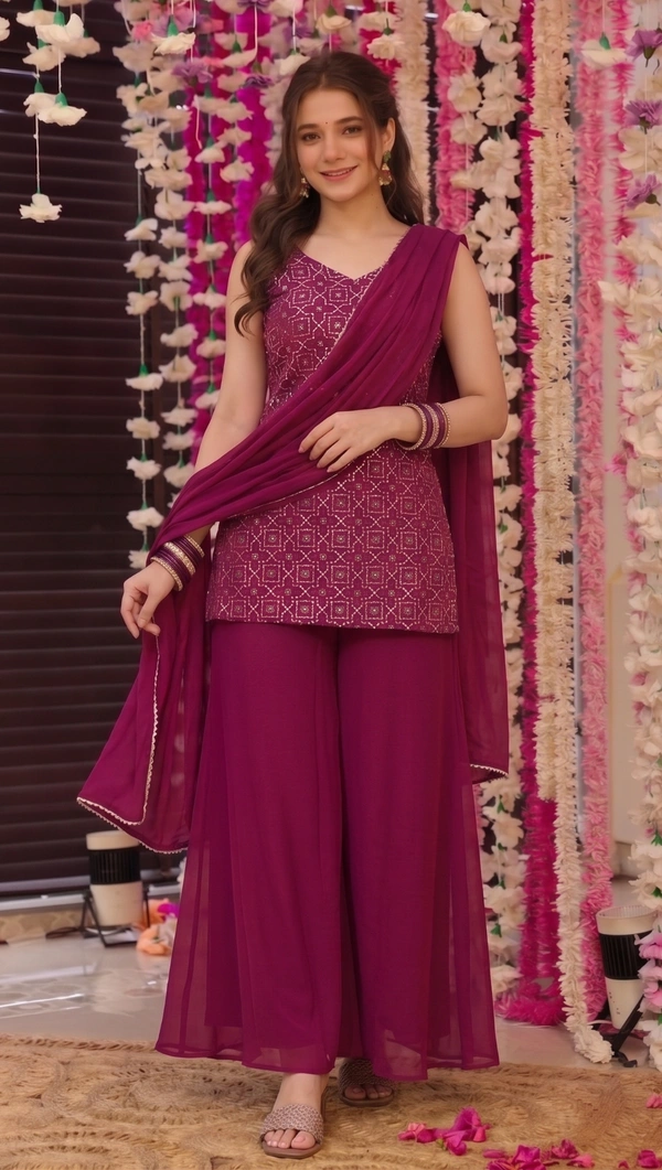 DESI HOOR Women Embroidered Kurta Palazzo Set with Dupatta | Designer Ethnic Suit Set for Women - Thunderbird, XXL