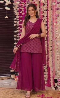 DESI HOOR Women Embroidered Kurta Palazzo Set with Dupatta | Designer Ethnic Suit Set for Women - Thunderbird, XL