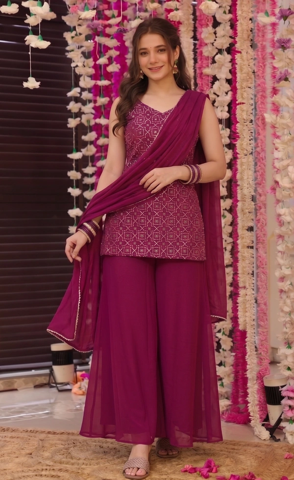 DESI HOOR Women Embroidered Kurta Palazzo Set with Dupatta | Designer Ethnic Suit Set for Women - Thunderbird, XL