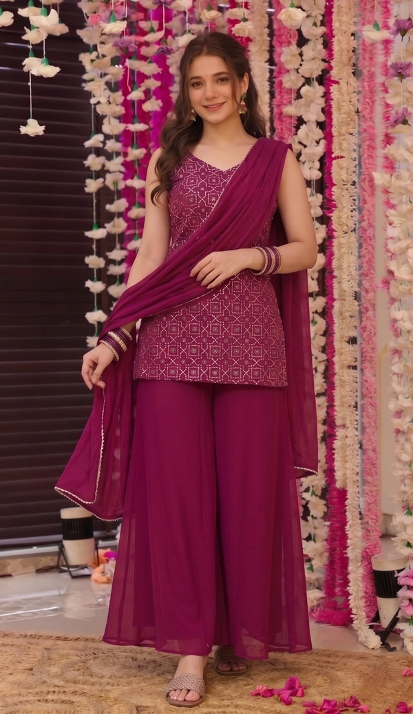 DESI HOOR Women Embroidered Kurta Palazzo Set with Dupatta | Designer Ethnic Suit Set for Women - Thunderbird, S