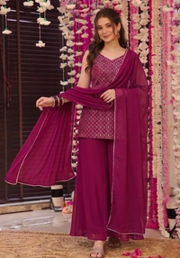 DESI HOOR Women Embroidered Kurta Palazzo Set with Dupatta | Designer Ethnic Suit Set for Women - Thunderbird, XXL