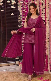 DESI HOOR Women Embroidered Kurta Palazzo Set with Dupatta | Designer Ethnic Suit Set for Women - Thunderbird, XL
