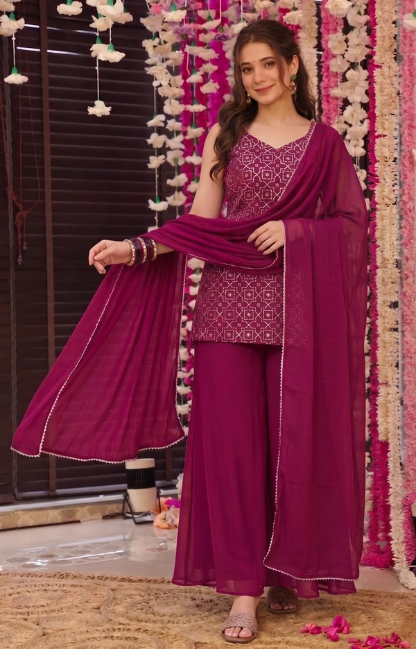 DESI HOOR Women Embroidered Kurta Palazzo Set with Dupatta | Designer Ethnic Suit Set for Women - Thunderbird, L