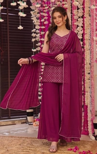 DESI HOOR Women Embroidered Kurta Palazzo Set with Dupatta | Designer Ethnic Suit Set for Women - Thunderbird, S