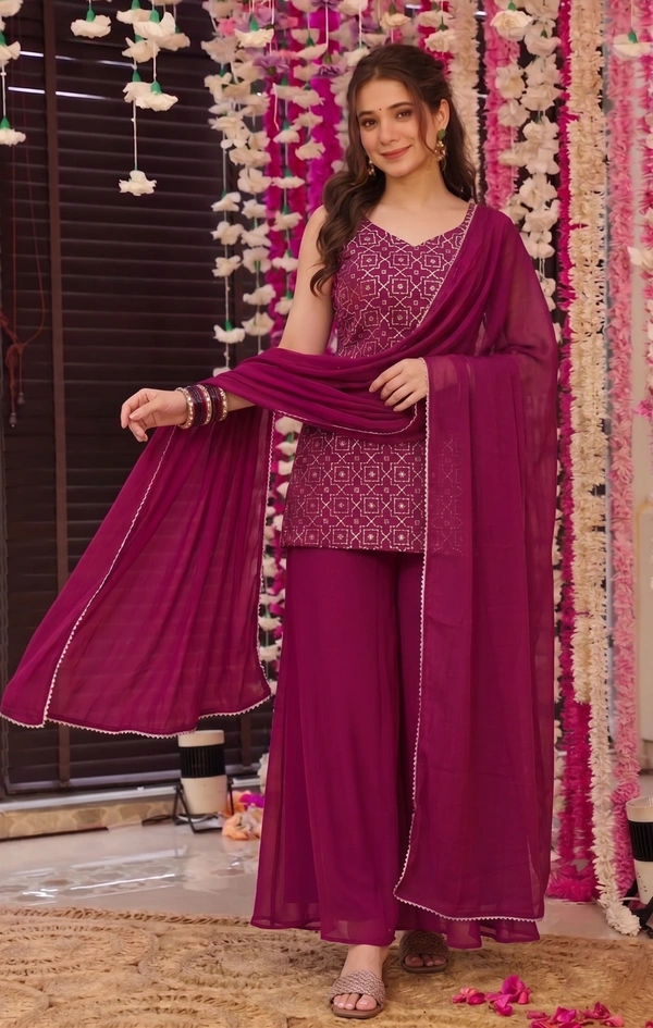 DESI HOOR Women Embroidered Kurta Palazzo Set with Dupatta | Designer Ethnic Suit Set for Women - Thunderbird, S