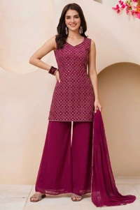 DESI HOOR Women Embroidered Kurta Palazzo Set with Dupatta | Designer Ethnic Suit Set for Women - Thunderbird, L
