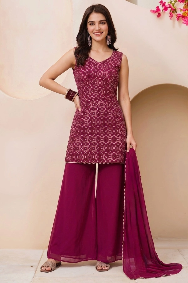 DESI HOOR Women Embroidered Kurta Palazzo Set with Dupatta | Designer Ethnic Suit Set for Women - Thunderbird, L