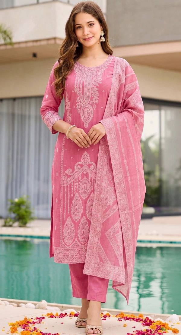DESIHOOR Women Pure Cotton Jacquard Kurta Pant Dupatta Set | Elegant Ethnic Suit Set for Women - Hot Pink, XXL