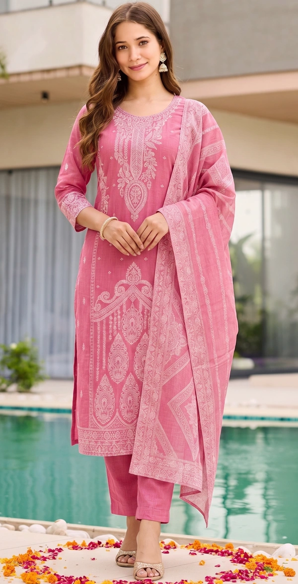 DESIHOOR Women Pure Cotton Jacquard Kurta Pant Dupatta Set | Elegant Ethnic Suit Set for Women - Hot Pink, XL