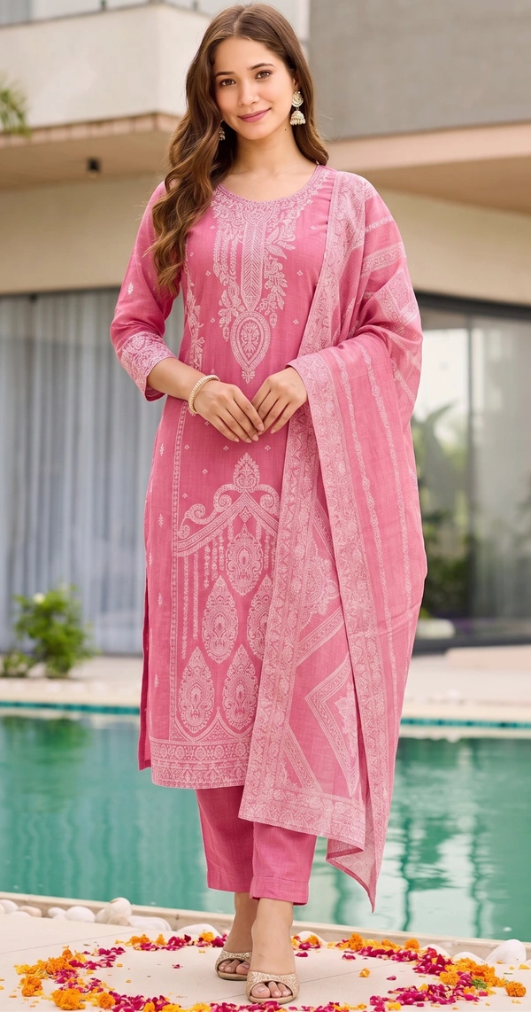 DESIHOOR Women Pure Cotton Jacquard Kurta Pant Dupatta Set | Elegant Ethnic Suit Set for Women - Hot Pink, L