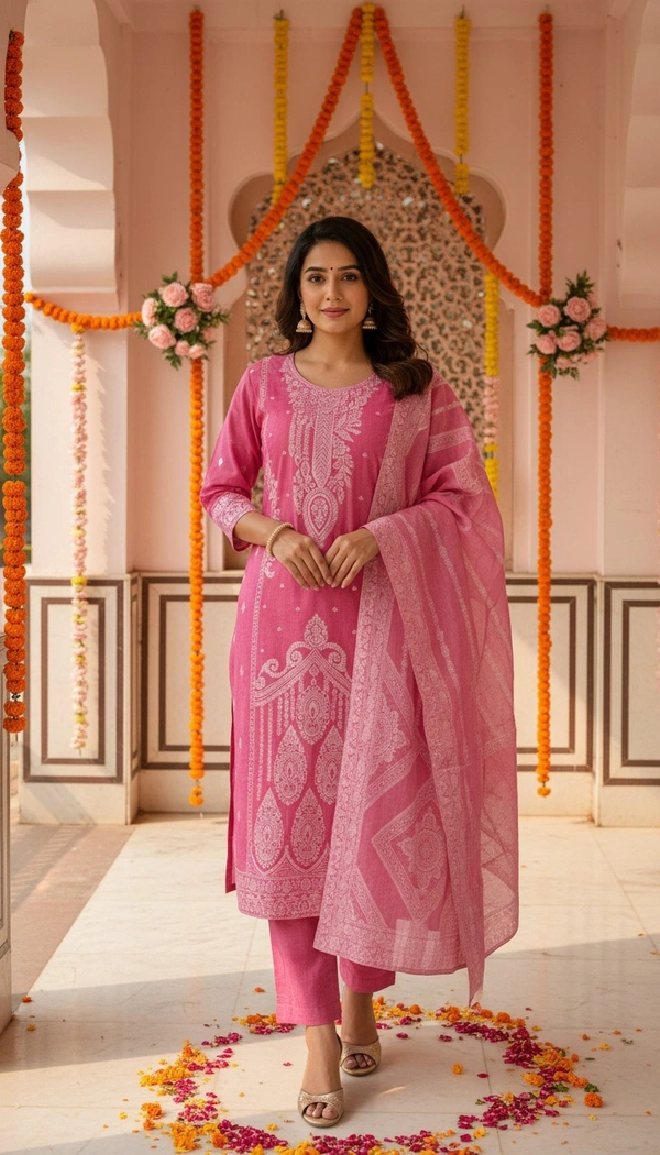 DESIHOOR Women Pure Cotton Jacquard Kurta Pant Dupatta Set | Elegant Ethnic Suit Set for Women - Hot Pink, L