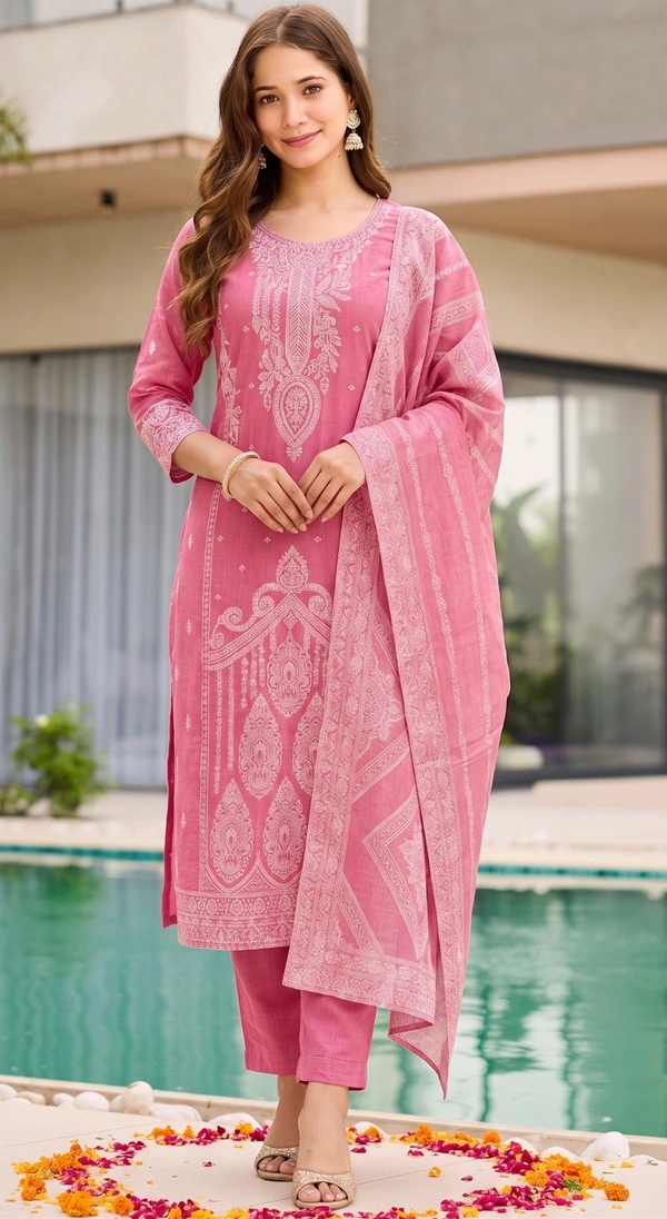 DESIHOOR Women Pure Cotton Jacquard Kurta Pant Dupatta Set | Elegant Ethnic Suit Set for Women - Hot Pink, S
