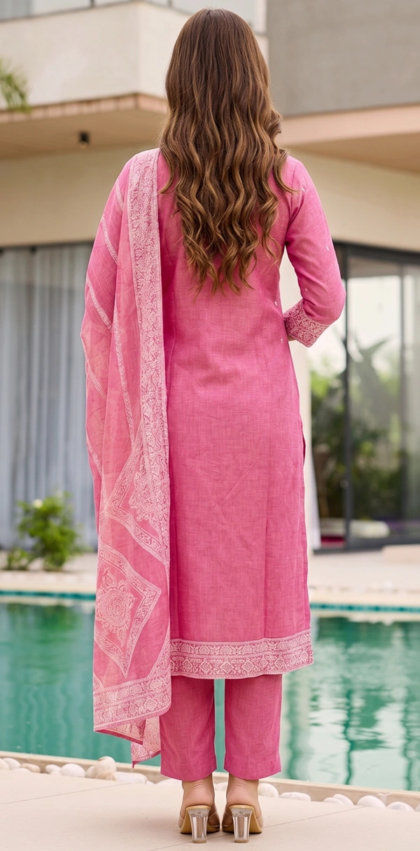 DESIHOOR Women Pure Cotton Jacquard Kurta Pant Dupatta Set | Elegant Ethnic Suit Set for Women - Hot Pink, XXL