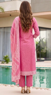 DESIHOOR Women Pure Cotton Jacquard Kurta Pant Dupatta Set | Elegant Ethnic Suit Set for Women - Hot Pink, L