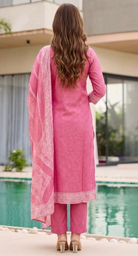 DESIHOOR Women Pure Cotton Jacquard Kurta Pant Dupatta Set | Elegant Ethnic Suit Set for Women - Hot Pink, M