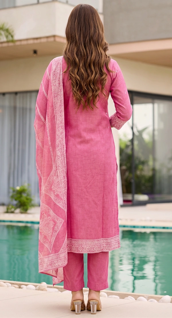 DESIHOOR Women Pure Cotton Jacquard Kurta Pant Dupatta Set | Elegant Ethnic Suit Set for Women - Hot Pink, M