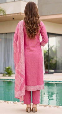 DESIHOOR Women Pure Cotton Jacquard Kurta Pant Dupatta Set | Elegant Ethnic Suit Set for Women - Hot Pink, S