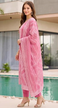 DESIHOOR Women Pure Cotton Jacquard Kurta Pant Dupatta Set | Elegant Ethnic Suit Set for Women - Hot Pink, XXL