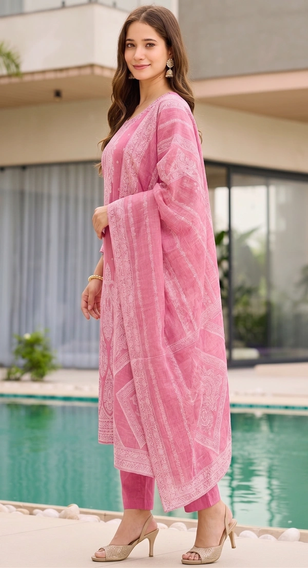 DESIHOOR Women Pure Cotton Jacquard Kurta Pant Dupatta Set | Elegant Ethnic Suit Set for Women - Hot Pink, XXL