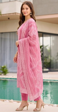 DESIHOOR Women Pure Cotton Jacquard Kurta Pant Dupatta Set | Elegant Ethnic Suit Set for Women - Hot Pink, XL