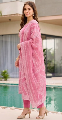 DESIHOOR Women Pure Cotton Jacquard Kurta Pant Dupatta Set | Elegant Ethnic Suit Set for Women - Hot Pink, L