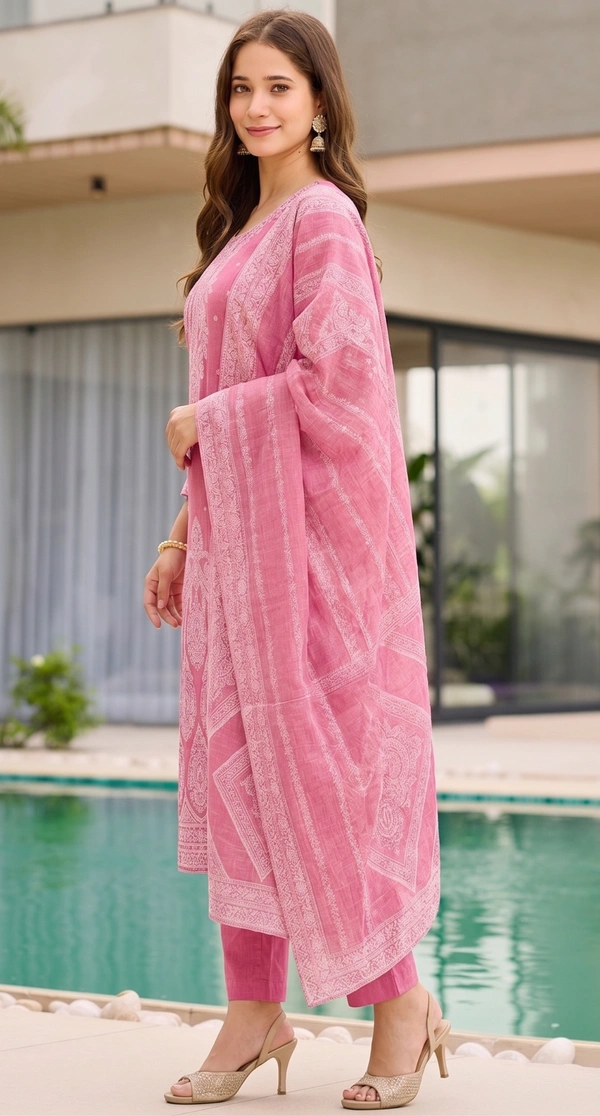 DESIHOOR Women Pure Cotton Jacquard Kurta Pant Dupatta Set | Elegant Ethnic Suit Set for Women - Hot Pink, M