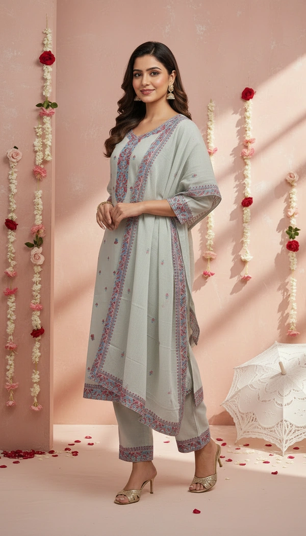 DESIHOOR Women Pure Cotton Jacquard Kurta Pant Dupatta Set | Elegant Ethnic Suit Set for Women - Pale Slate, M