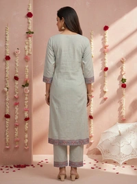 DESIHOOR Women Pure Cotton Jacquard Kurta Pant Dupatta Set | Elegant Ethnic Suit Set for Women - Pale Slate, L