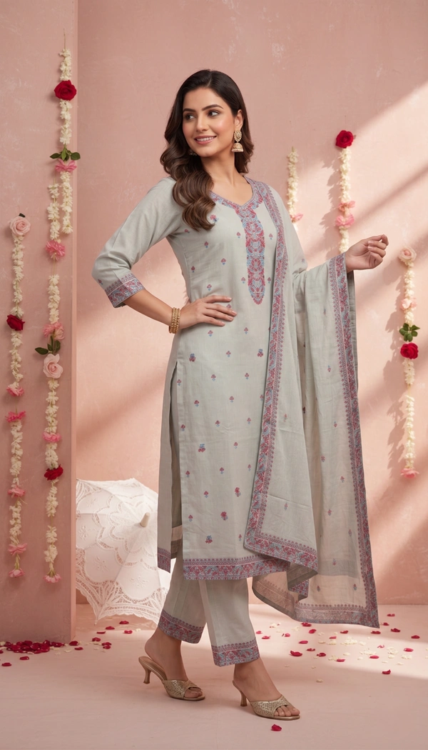 DESIHOOR Women Pure Cotton Jacquard Kurta Pant Dupatta Set | Elegant Ethnic Suit Set for Women - Pale Slate, XXL