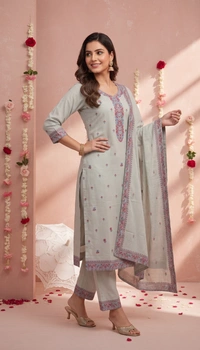 DESIHOOR Women Pure Cotton Jacquard Kurta Pant Dupatta Set | Elegant Ethnic Suit Set for Women - Pale Slate, L