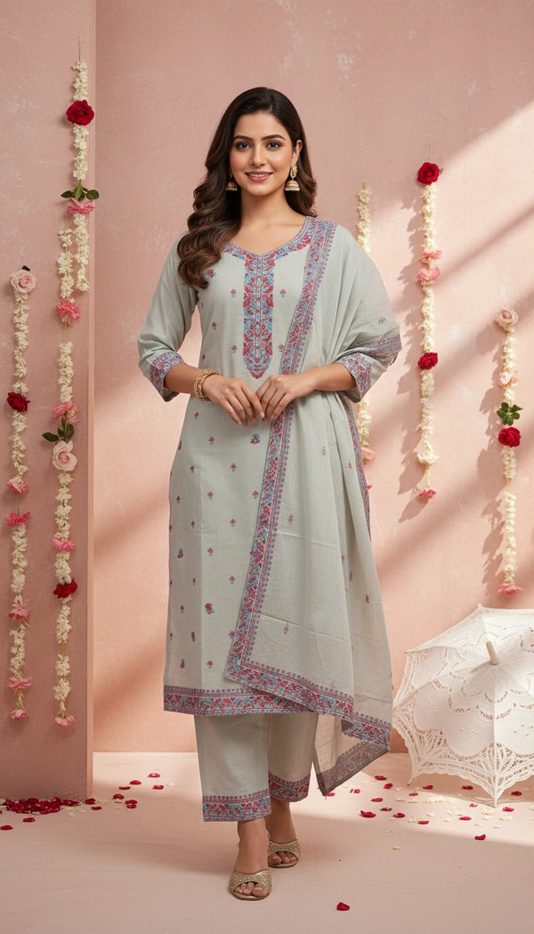 DESIHOOR Women Pure Cotton Jacquard Kurta Pant Dupatta Set | Elegant Ethnic Suit Set for Women - Pale Slate, S