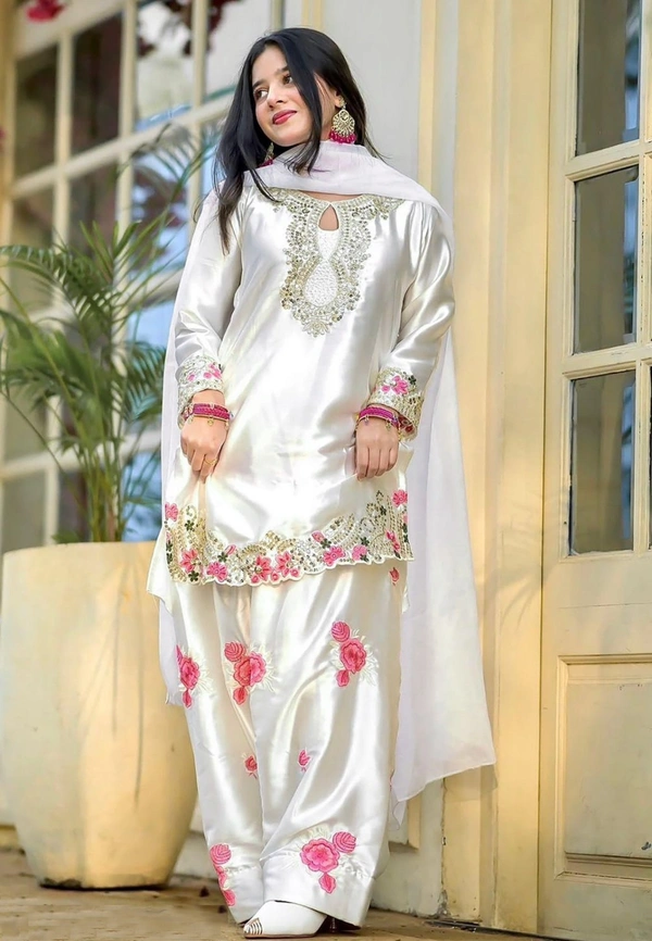 DESI HOOR Women Embroidered Kurta Patiala Dupatta Set | Premium Ethnic Wear Suit Set for Women - White, XL