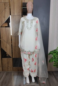 DESI HOOR Women Embroidered Kurta Patiala Dupatta Set | Premium Ethnic Wear Suit Set for Women - White, XXL