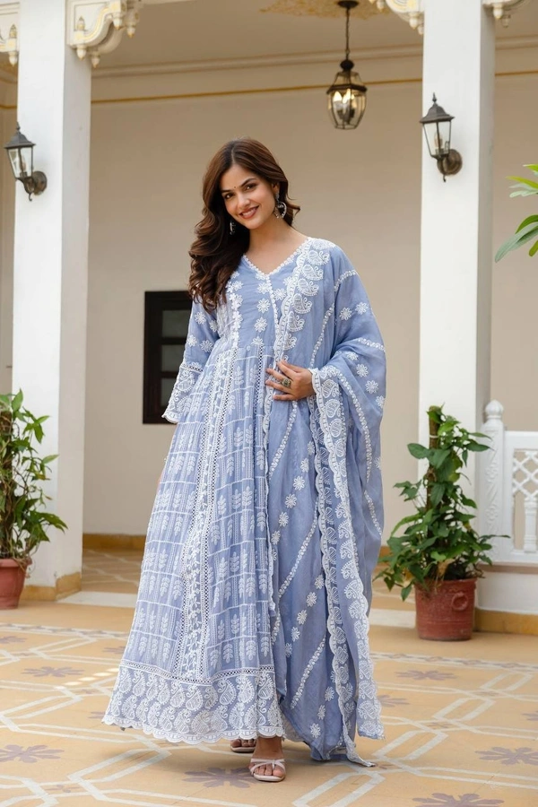 DESIHOOR Women Embroidered Pure Mal Cotton Anarkali Kurta Set with Dupatta | Floral Embroidery Ethnic Wear - Anakiwa, M