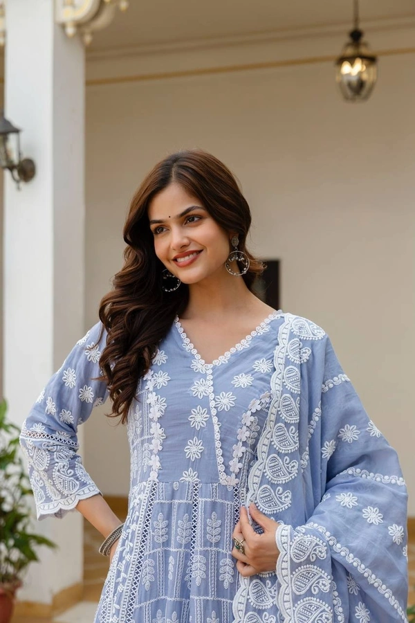 DESIHOOR Women Embroidered Pure Mal Cotton Anarkali Kurta Set with Dupatta | Floral Embroidery Ethnic Wear - Anakiwa, XL