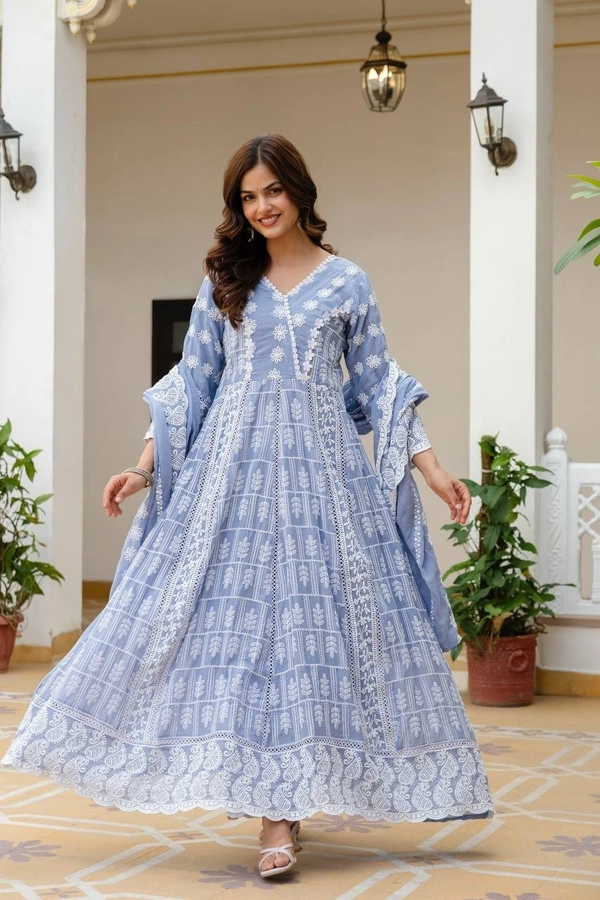 DESIHOOR Women Embroidered Pure Mal Cotton Anarkali Kurta Set with Dupatta | Floral Embroidery Ethnic Wear - Anakiwa, M