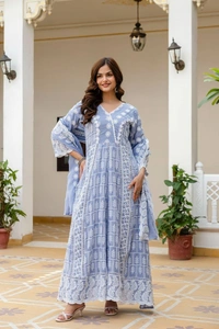 DESIHOOR Women Embroidered Pure Mal Cotton Anarkali Kurta Set with Dupatta | Floral Embroidery Ethnic Wear - Anakiwa, L