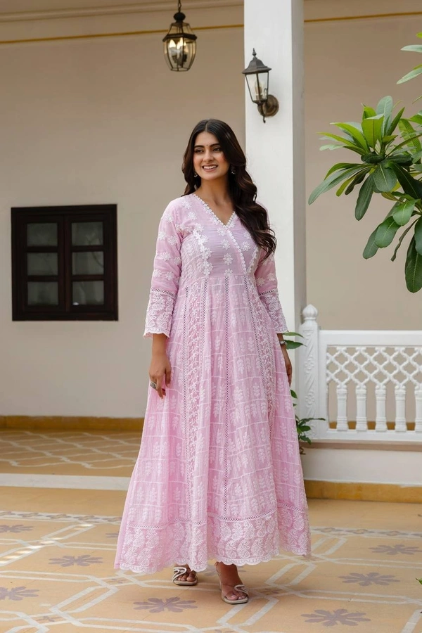 DESIHOOR Women Embroidered Pure Mal Cotton Anarkali Kurta Set with Dupatta | Floral Embroidery Ethnic Wear - Lavender Rose, XXL